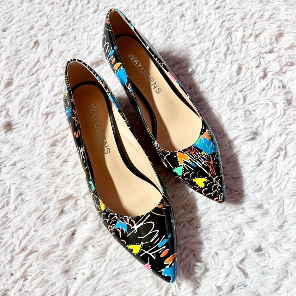 Art to Wear Graffiti Teacher Quirky Playful Pointed Toe Kitten Heel Womens 6.5